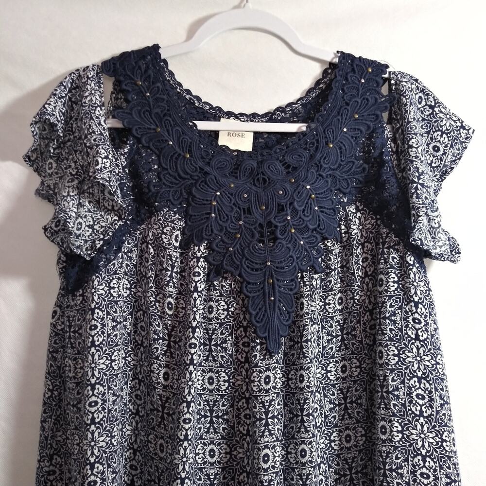 Knox Rose Blue Floral A Line Embroidered Lace Cold Shoulder Dress Size L - Picture 3 of 9